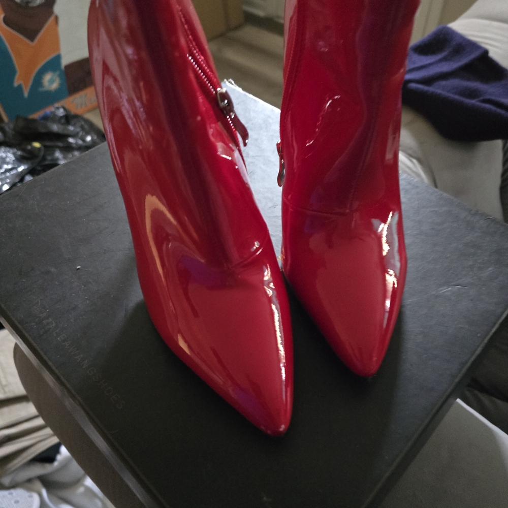 Vibrant Red Patent Leather Heeled Boots
